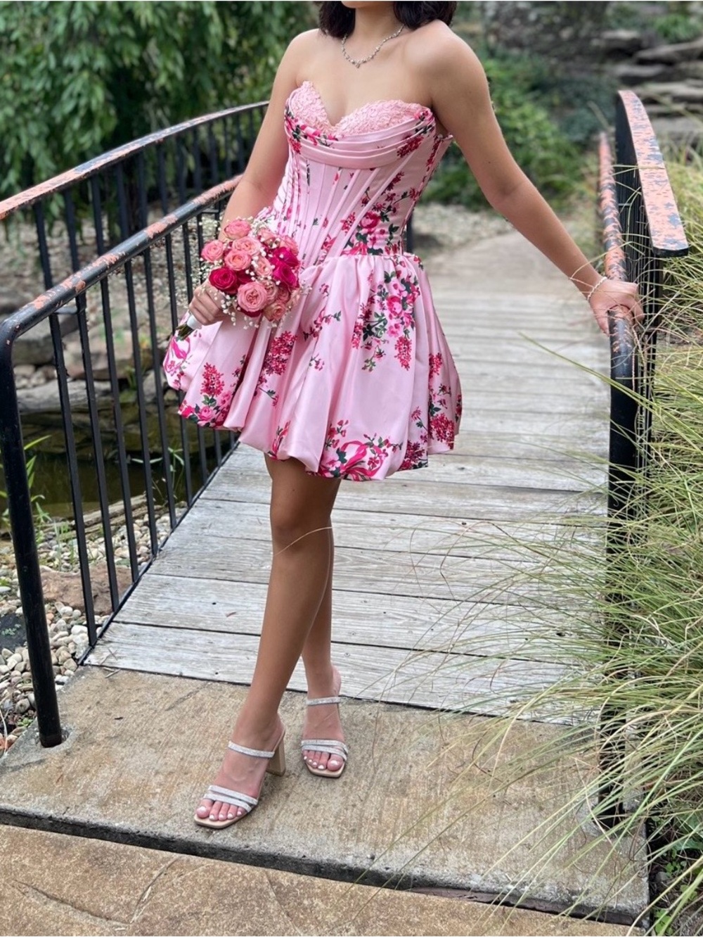 Sherri Hill Strapless Pink Floral Corset Mini Dress, Bubble Skirt